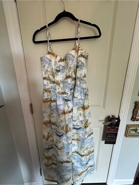 Abercrombie & Fitch Scenic Print Midi Dress in Light Blue, White, Green